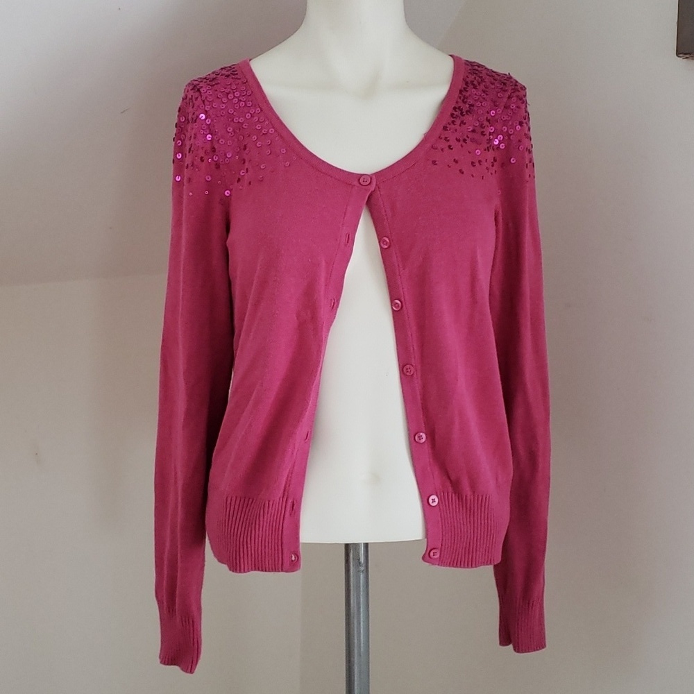 ELLE Magenta Button Cardigan with Sequins, Size: Small